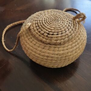 Vintage Small Tribal Hand Woven Pine Basket/Purse With Lid and Strap